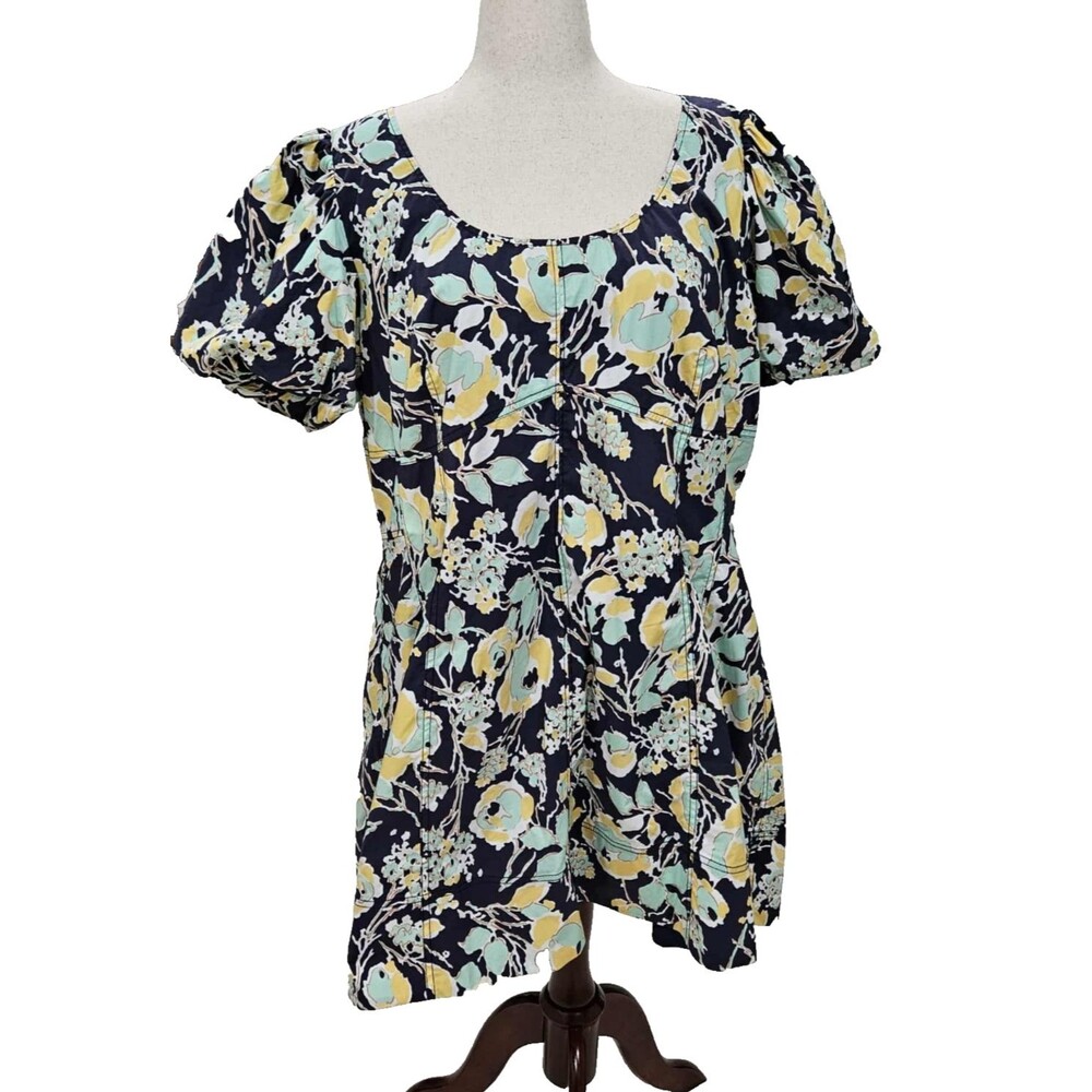 Tanya Taylor Plus Size 20 Babydoll Floral Dress Navy Yellow Puff Sleeve NWT
